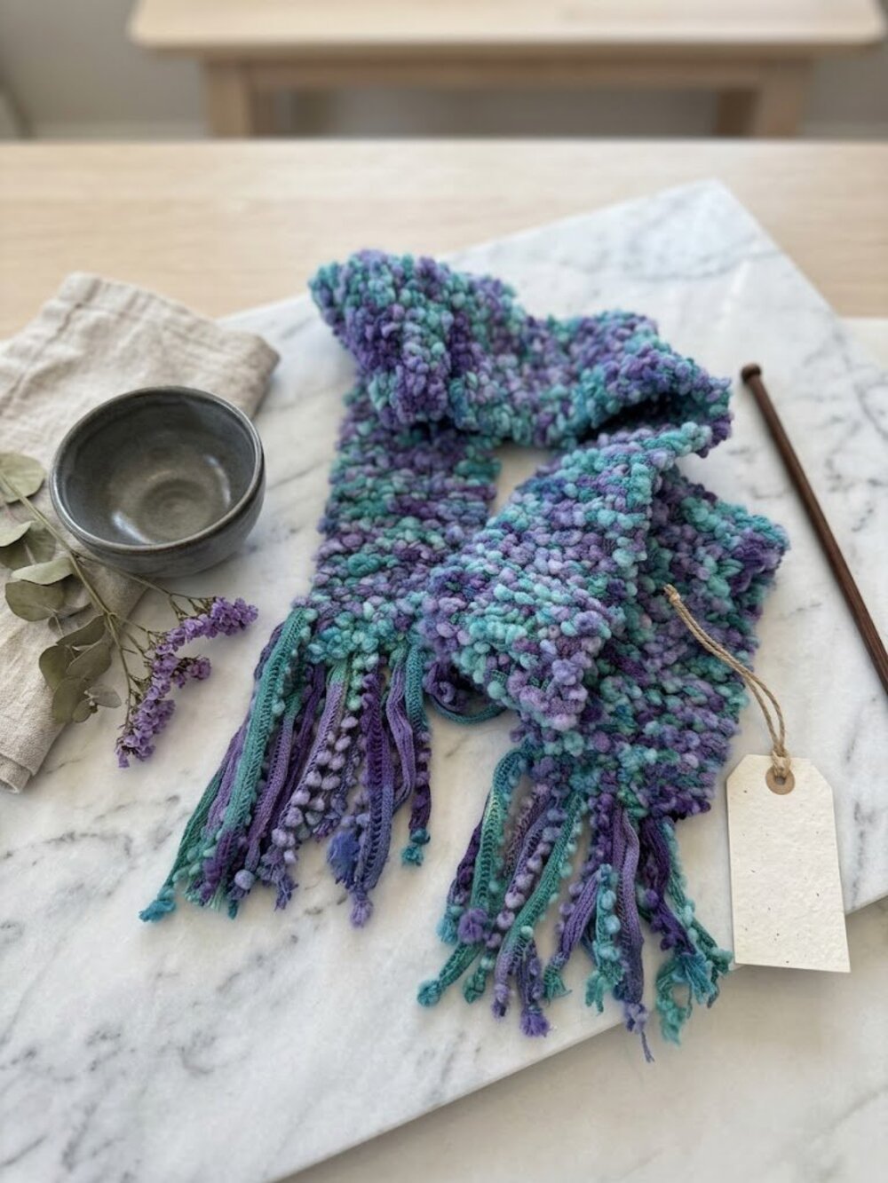 Handmade Chunky Knit Blue Green Purple Scarf with Fringe
